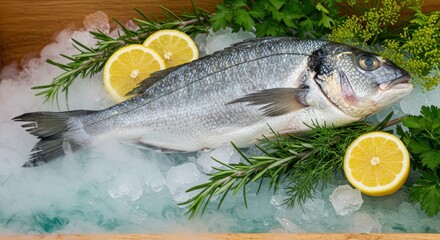 Freshly caught sea bass displayed on ice with lemon slices and herbs, highlighting seafood freshness
