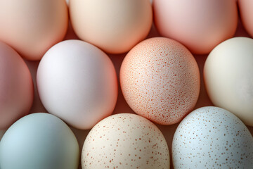 Flat lay of beautifully decorated Easter eggs in pastel colors arranged on a soft pink or mint green background, with space for text