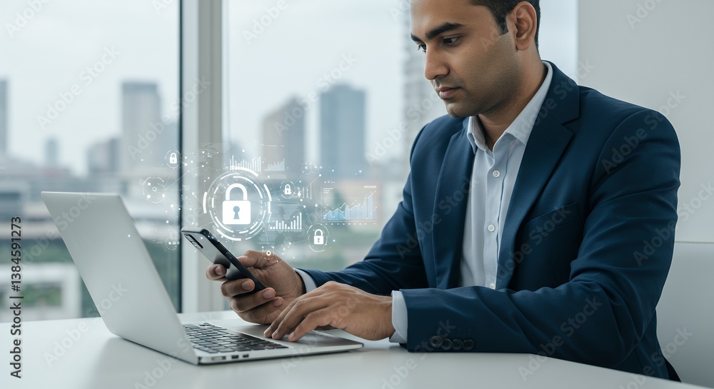 Poster cybersecurity professional safeguarding data using mobile and laptop technology