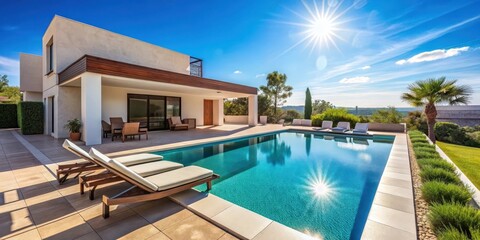 Fototapeta premium Villa with small pool and sun loungers under blue sky, serene landscape, resort, blue sky villa pool outdoor relaxation vacation leisure scenery