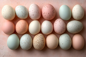 Flat lay of beautifully decorated Easter eggs in pastel colors arranged on a soft pink or mint green background, with space for text