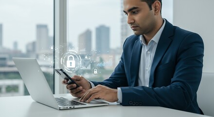 Fototapeta premium Cybersecurity Professional Safeguarding Data Using Mobile and Laptop Technology