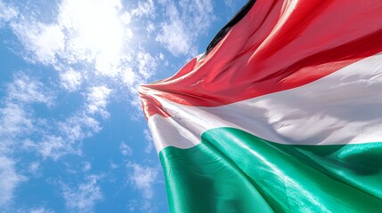 Hungarian flag blowing in the wind under a bright blue sky with fluffy clouds capturing patriotism and freedom