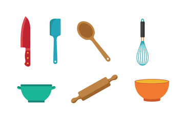 Food preparation clipart showing kitchen tools in modern flat style like cooking knives spatulas and wooden spoons

