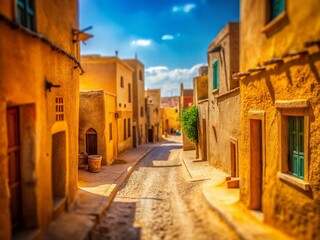 Fototapeta premium Ancient Fortress City Street: Sun-Drenched Sand Houses, Tilt-Shift Photography