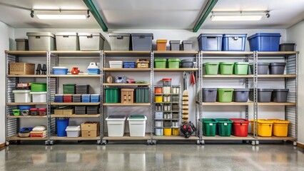 A neatly arranged garage with labeled shelves and bins for organized storage, shelving, storage,  shelving, storage