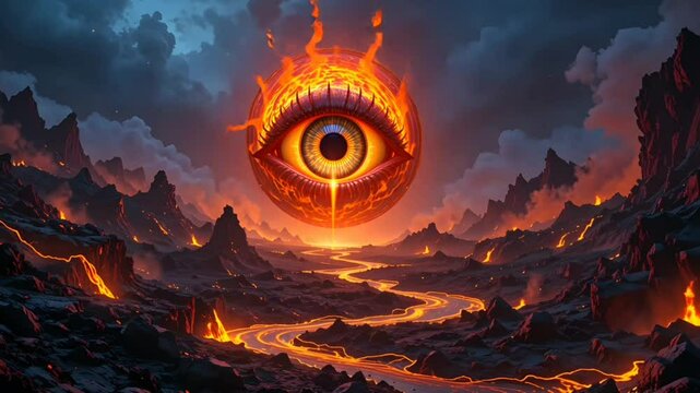 Witness the all seeing eye of fire, a fiery gaze upon a volcanic landscape, dare to share? on transparent background