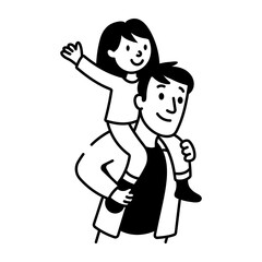 A child taking piggyback ride on her father, doodle icon 
