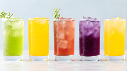 Three glasses of fruit and herbal tea drinks with fresh fruit garnishes.
