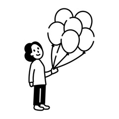 A character holding balloons, hand drawn icon 

