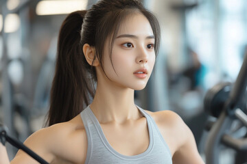 Fototapeta premium Focused Young Asian Woman Working Out in Modern Gym（現代的なジムでトレーニングに集中する若いアジア人女性）