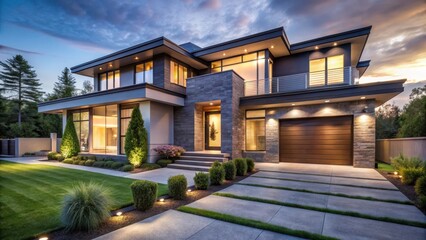 Modern Luxurious Home Exterior with Elegant Landscaping at Twilight, modern architecture, serene atmosphere