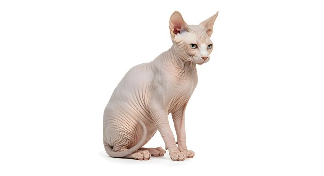 AI image depicting a seated Sphynx cat against a white background, showcasing its distinctive hairless appearance and unique skin texture, conveying elegance.