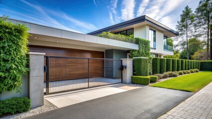 Modern house with automatic sliding gate open in front entrance leading to a driveway and surrounding greenery , modern house, automatic gate