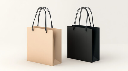 Two shopping bags, one beige and one black, standing side by side on a white background