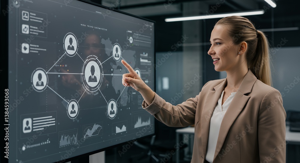 Poster businesswoman interacting with interactive network data visualization on a large touchscreen display