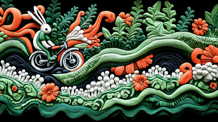 A rabbit rides a bicycle through a colorful whimsical garden landscape