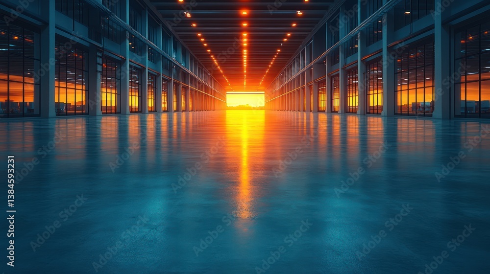 Poster sunset view through large industrial building's open end, showcasing polished floor and structural c