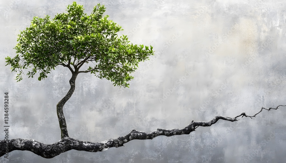 Poster resilient tree growing on branch over cracked gray background
