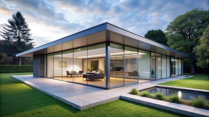 Modern minimalist dwelling with expansive glass surfaces and a low-pitched roofline , clean lines, minimalist exterior design