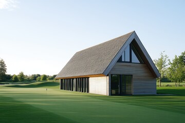 Obraz premium Modern wooden house with large windows situated on a green golf course under a clear blue sky in a serene landscape during the daytime