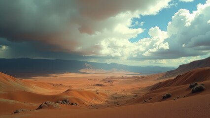 Naklejka premium Straight dirt road through desert landscape with distant storm clouds and dry vegetation 