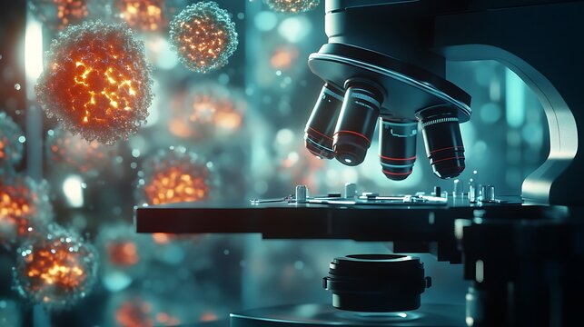 High-definition image of cancer cells glowing under microscope light picture