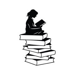 Literary Ascent: A silhouette of a person absorbed in reading atop a tower of books, symbolizing knowledge, learning, and the transformative power of stories. 