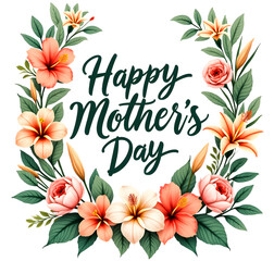 A vibrant floral wreath celebrating Mother's Day with elegant script lettering and lush green foliage.