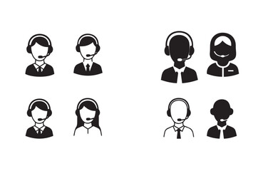 Monochrome call center representative illustrations showing multiple headset designs and professional appearances

