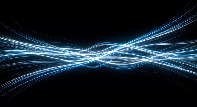 This image shows a series of swirling, blue light trails against a black background. The abstract composition suggests energy flow or connectivity in a digital world.