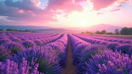 Blooming lavender field at sunset with colorful sky and distant mountain range	