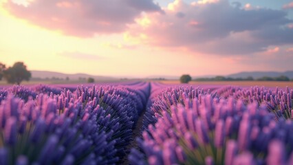 Naklejka premium Blooming lavender field at sunset with colorful sky and distant mountain range 