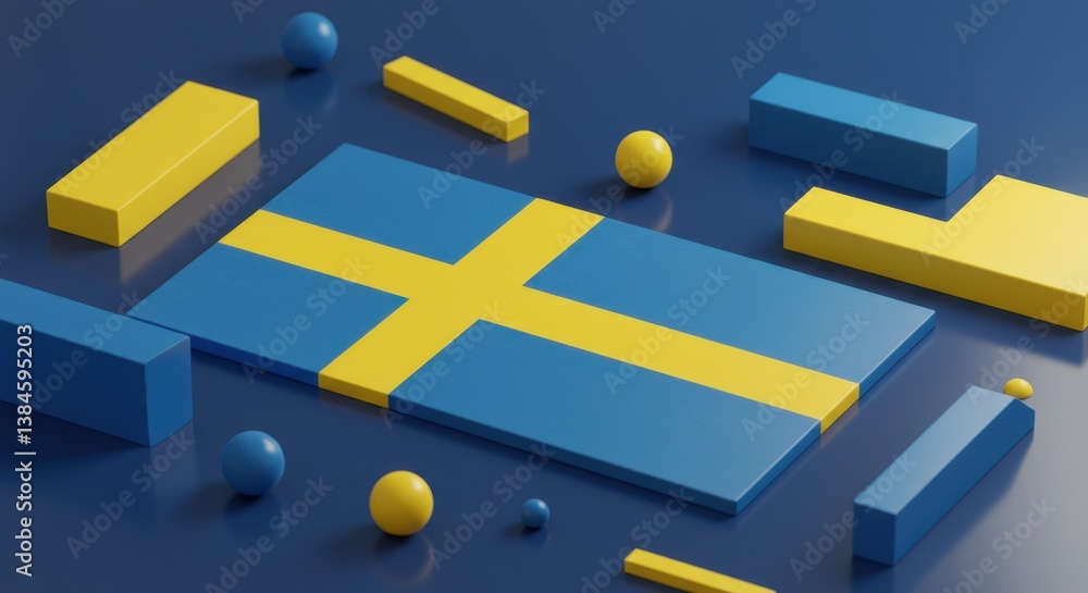 Poster abstract 3d rendering of the swedish flag with geometric shapes and spheres