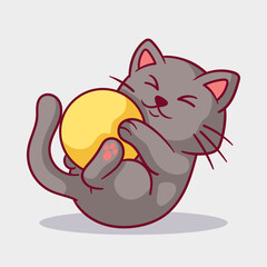 Cute cat kitten playing ball cartoon vector illustration. Animal character for kids t-shirt, sticker, drawing, coloring book page, emoji, emoticon