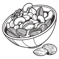 Vector Bowl of Mixed Nuts Including Cashews, Almonds, and Walnuts on Transparent Background. Perfect for: Holidays, Brain Fuel Snacks, Wellness Events