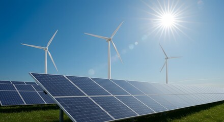 The photo shows solar panels in the foreground, backed by wind turbines under a clear blue sky. Sunlight gleams, symbolizing clean, renewable energy sources and sustainability.