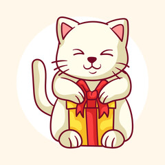 Cute cat kitten holding gift box vector illustration. Animal character for kids t-shirt, sticker, drawing, coloring book page, emoji, emoticon