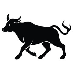 Black Silhouette Of A Bull With Horns Walking Isolated On White Background