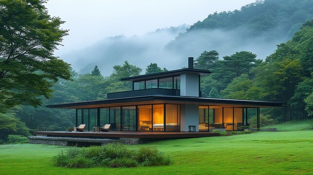 Modern cabin nestled in a serene mountain valley. A contemporary dwelling with expansive glass walls, showcasing a tranquil natural setting - Powered by Adobe