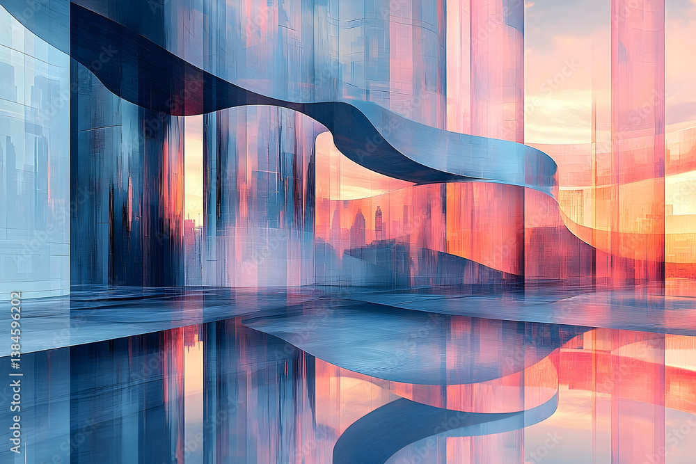 Poster abstract artwork showcasing a fluid structure with architectural elements and city views