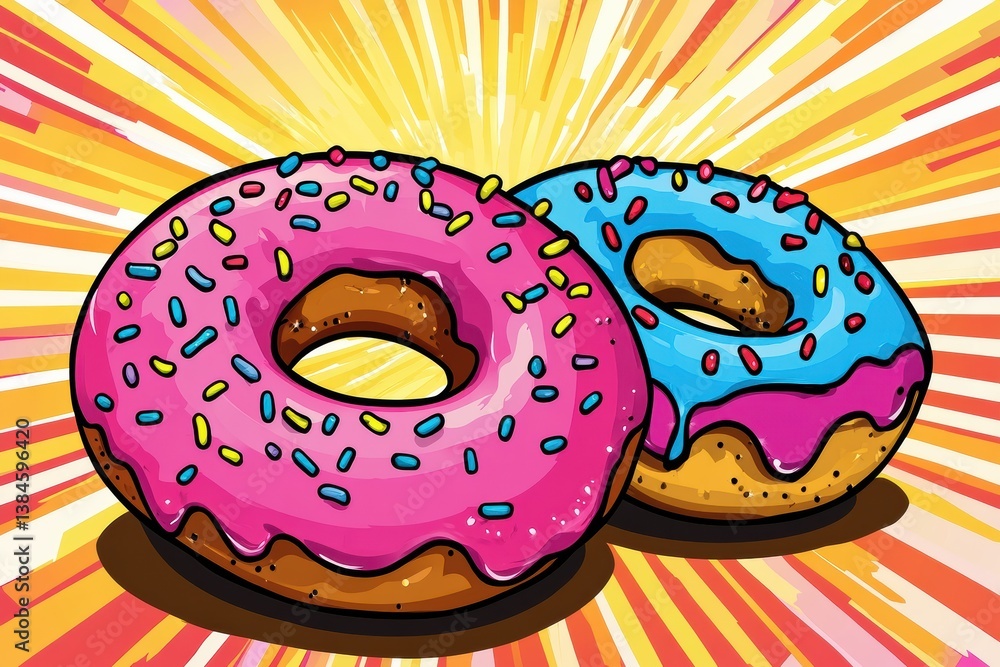Poster colorful donuts with rainbow frosting and sprinkles create a playful and vibrant pop-art display tha