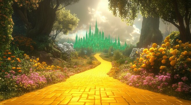 Enchanted yellow brick road leading to magical emerald city in springtime, Fantasy, Oz, Magicians