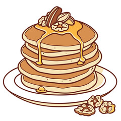 Whole Grain Pancakes with Honey and Walnuts Vector. Perfect for: Healthy Brunch Campaigns, Pancake Day, Whole Grain Awareness