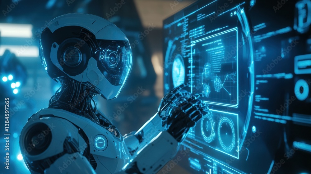 Fototapete robotic ai tutor engages with student through holographic interface in a futuristic digital classroo