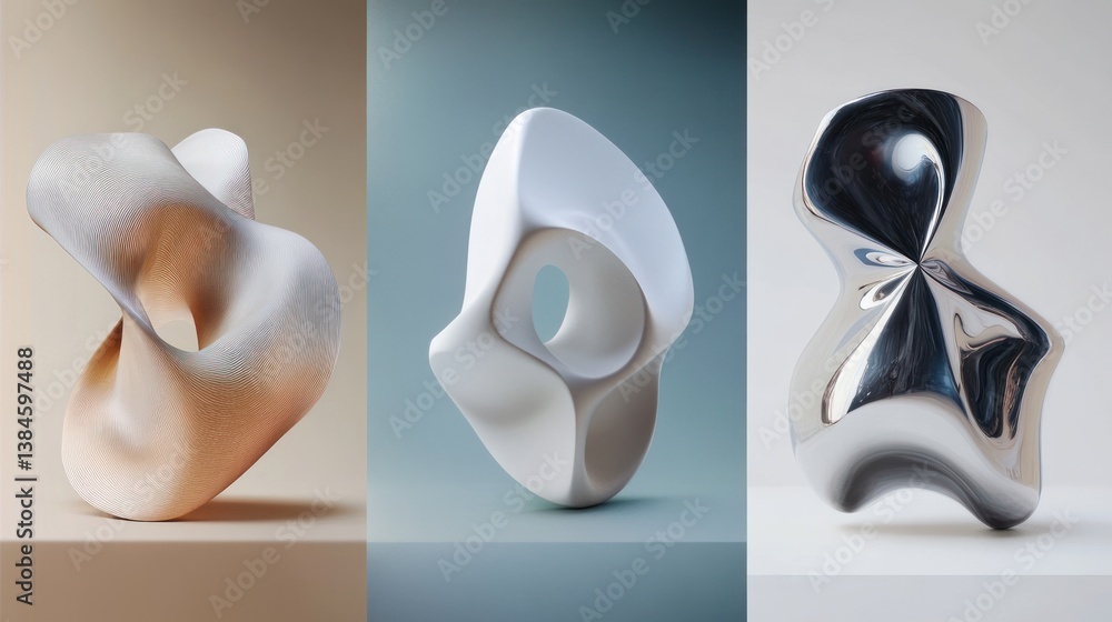 Poster three abstract sculptures in beige, white, and chrome, showcasing unique forms and textures.