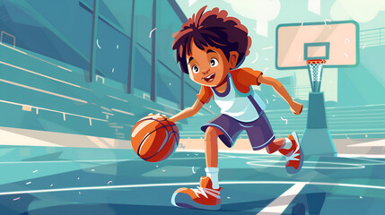 Energetic child dribbling basketball on court with stadium seating, capturing active youth sports excitement.
