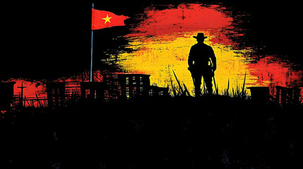 Fototapeta premium A lone cowboy stands silhouetted with a flag and fiery backdrop