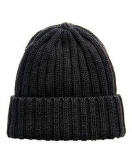 Black knitted winter beanie hat isolated on white background for fashion design