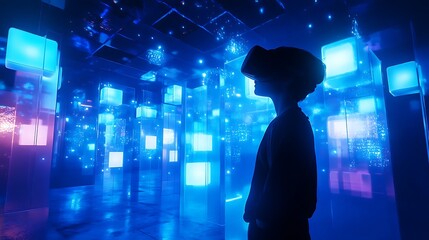 immersive Virtual Reality VR Experience with futuristic exploration of digital landscapes for innovation technology metaverse immersive modern future concept.